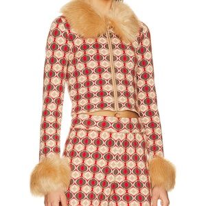 Zermatt faux fur zip up in brown geo jacquard